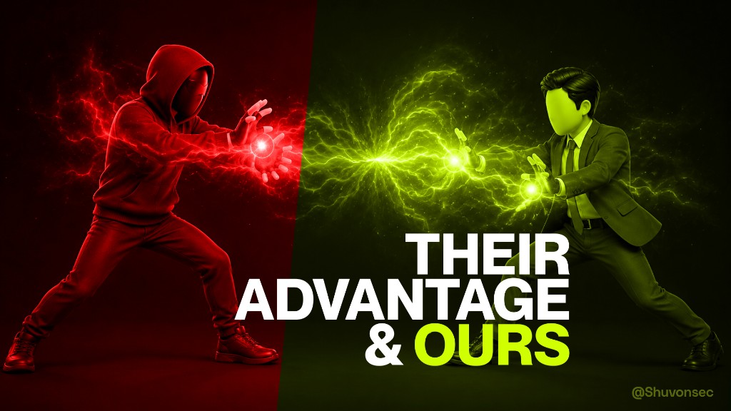 A hooded attacker in red facing a suited defender in green, both channelling energy. Their advantage and ours.